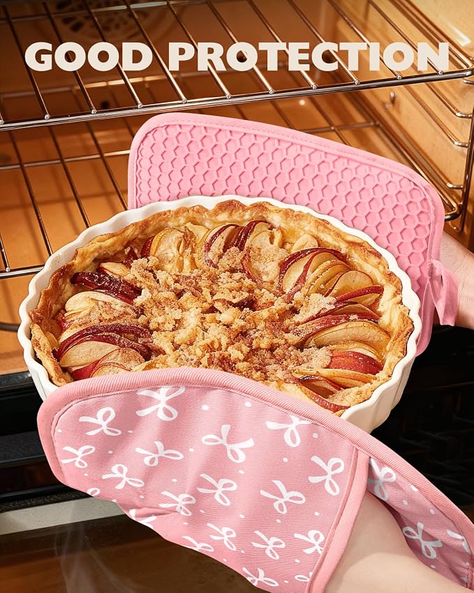 100% Cotton Pot Holders Textured Soft Silicone Grip Pink Bow | Stylish Pot Holders 2pcs, Machine Washable Non-Slip Heat Resistant Hot Pads & Oven Mitts 2-in-1, Practical Kitchen Decor