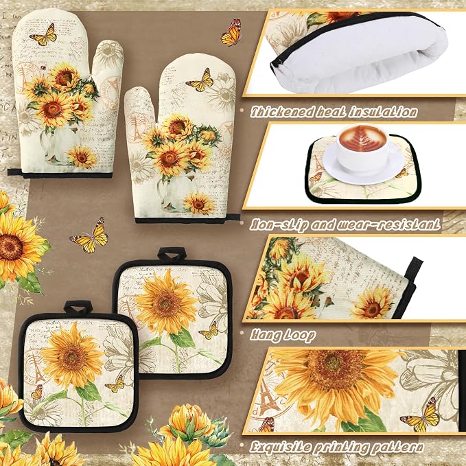 Fourluoo 10 Pcs Sunflower Kitchen Dish Towels Rugs Oven Mitts and Pot Holders Set Farmhouse Kitchen Decor Set for Women Mom Daughter Gift Cooking Baking Grilling (Retro Yellow)