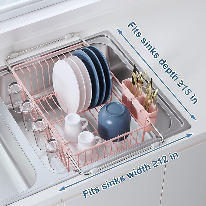 JASIWAY Pink Dish Drying Rack in Sink, Dish Drainer with Utensil Holder | Over The Sink Expandable Stainless Steel Strainer Dryer Rack for Small Kitchen, Counter Space Saving, Fast Drain, Rustproof