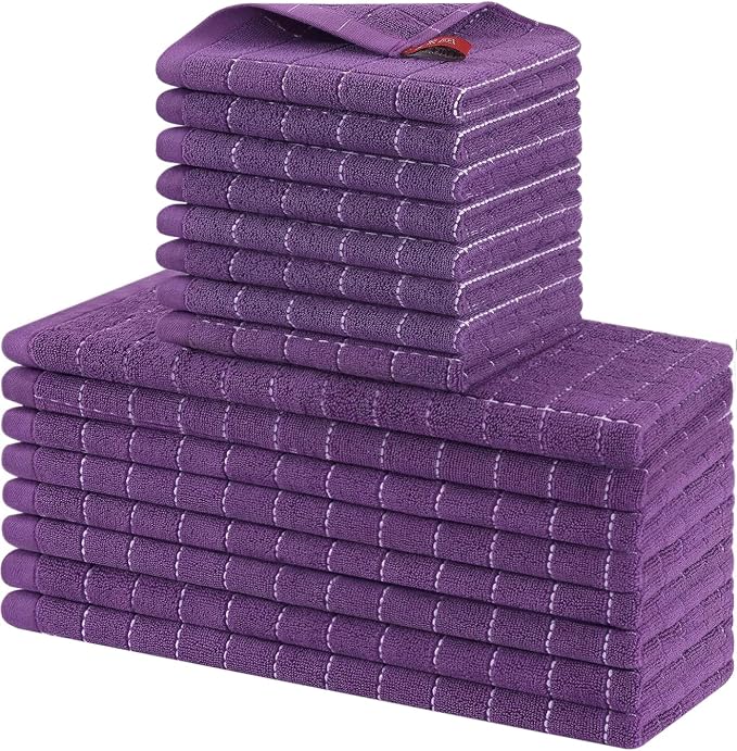 Homaxy Kitchen Towels and Dishcloths Set, Set of 16, Purple | Bulk Cotton Terry Kitchen Towels, Checkered Designed, Soft and Super Absorbent Dish Towels, 12 x 12 and 13 x 28 Inches