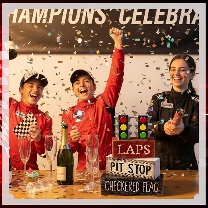 Lineshading 4 Pcs Race Car Wooden Tiered Tray Decor Tabletop Block Signs | Traffic Lights Pit Stop Checkered Flag Design, Boys Racing Birthday Party Room Decorations, Theme Display
