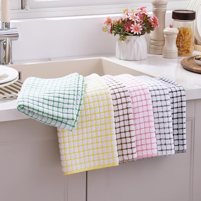 Mordimy Cotton 6 Pack Terry Kitchen Towels, 16 x 25 Inches | Super Soft and Absorbent Dish Towels, Quick Drying Hand Towels for Kitchen Drying, Black/Grey/Pink/Brown/Yellow/Green