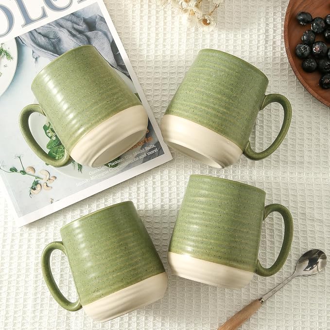 HASENSE Porcelain Coffee Mugs Set of 6, 15 Ounce Large Ceramic Coffee Cups Set with Handle for Latte, Tea, Cocoa and Hot Chocolate, Green Coffee Mugs for Men and Women, Microwave Safe