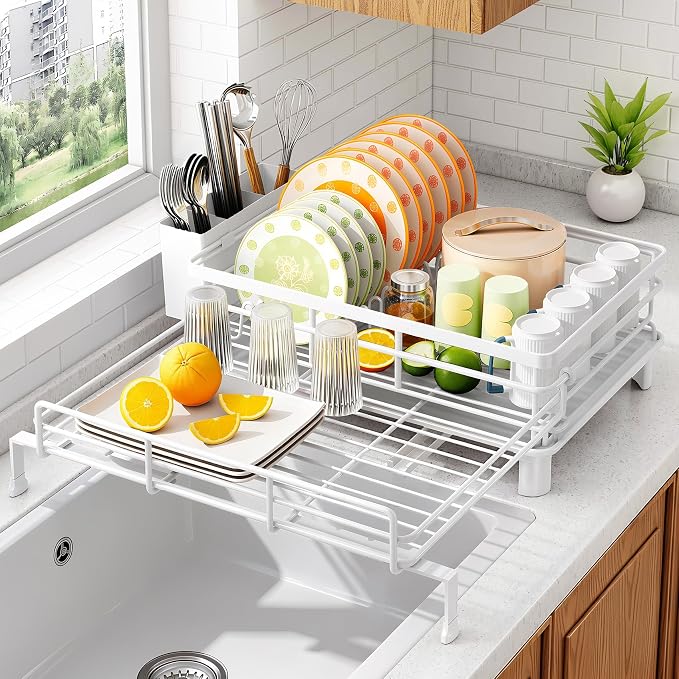 SAYZH Expandable Dish Drying Rack for Kitchen Counter, Metal, White | Foldable Over Sink, Large Capacity, Rust-Resistant, Adjustable for Most Sinks, Automatic Drainage, Removable Utensil Holder