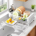SAYZH Expandable Dish Drying Rack for Kitchen Counter, Metal, White | Foldable Over Sink, Large Capacity, Rust-Resistant, Adjustable for Most Sinks, Automatic Drainage, Removable Utensil Holder