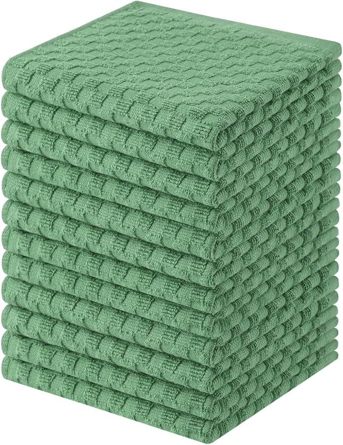 Homaxy 100% Cotton Terry Dish Cloths, 12"x12", 12-Pack, Grass Green | Ultra Soft Absorbent Dish Towels with Hanging Loop, Pineapple Grid Designed