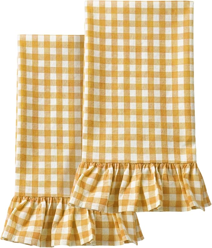 HunnmingRe 2 Pcs Yellow Pink Gingham Kitchen Towels Cotton Ruffled | Checked Dish Towels 18"x28" Tea Cloths Plaid Cottage Core Kitchen Decor for Farmhouse Charm Drying Dishes Entertaining Guests