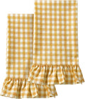 HunnmingRe 2 Pcs Yellow Pink Gingham Kitchen Towels Cotton Ruffled | Checked Dish Towels 18"x28" Tea Cloths Plaid Cottage Core Kitchen Decor for Farmhouse Charm Drying Dishes Entertaining Guests
