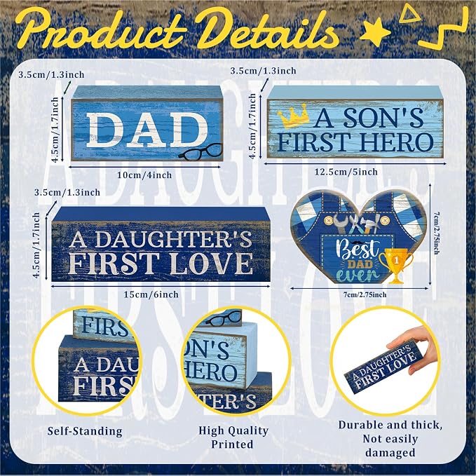 Lineshading 4 Pcs Dad Block Signs Wooden Farmhouse Decor, Father's Day | Tiered Tray Decorations for Home Table, Son's Hero Daughter's Love Quotes, Stacked Wooden Blocks, Rustic Gift for Dad