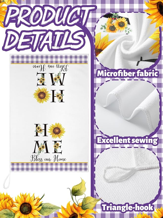 4 Pcs Sunflower Kitchen Towels Purple Plaid Hand Dish Towels | Absorbent Fast Drying Tea Dishcloths Sunshine Lavender Decor Housewarming Gift for Cooking Bathroom Kitchen Decor