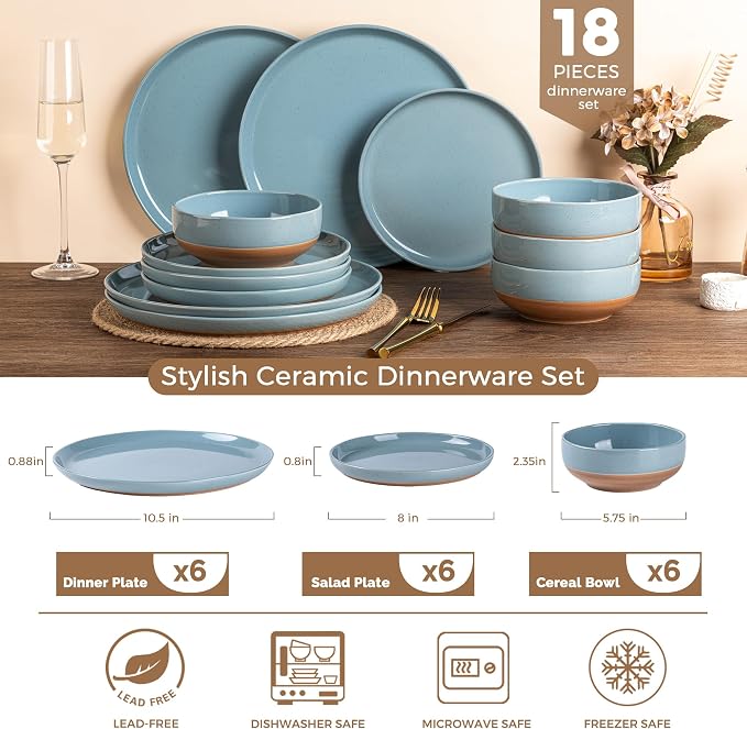 AmorArc Dinnerware Sets for 6, 18 Pieces Ceramic Plates and Bowls Set | Scratch Resistant Stoneware Dishes Set, Dishwasher & Microwave Safe, Stone Blue