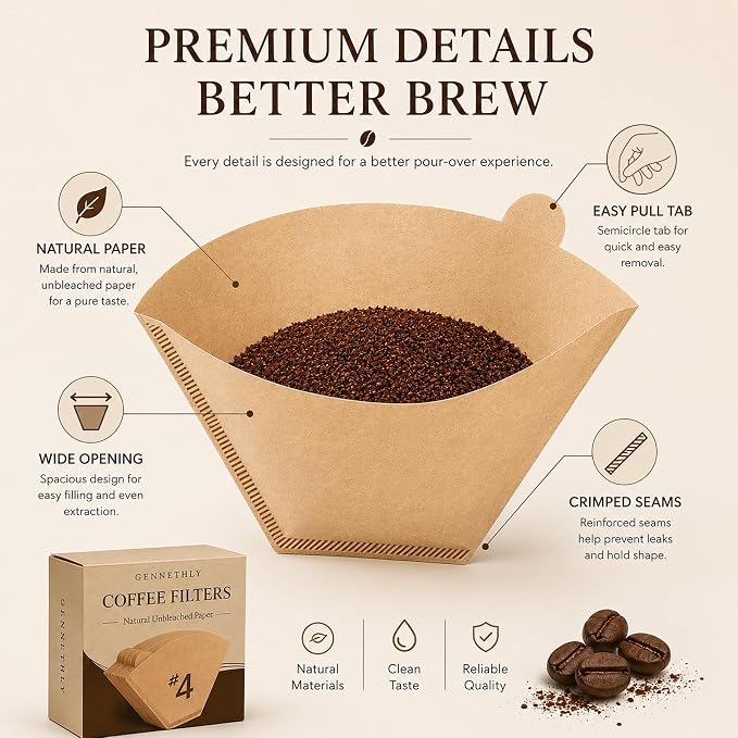 100 Count Coffee Filters #4 Cone, Unbleached Paper for 8-12 Cup Brewers | 100 count value, #4 Size, Unbleached Paper, Fine Filtration, Smooth Brew, Drip & Pour Over Compatible