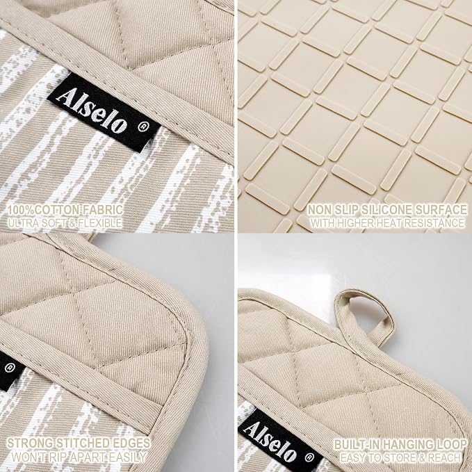 Alselo Silicone Pot Holders Set of 3 Heat Resistant & Non Slip Potholders | Professional Oven Hot Pads with Pockets Mitts for Kitchen Cooking Baking Barbecue (Khaki, 3)
