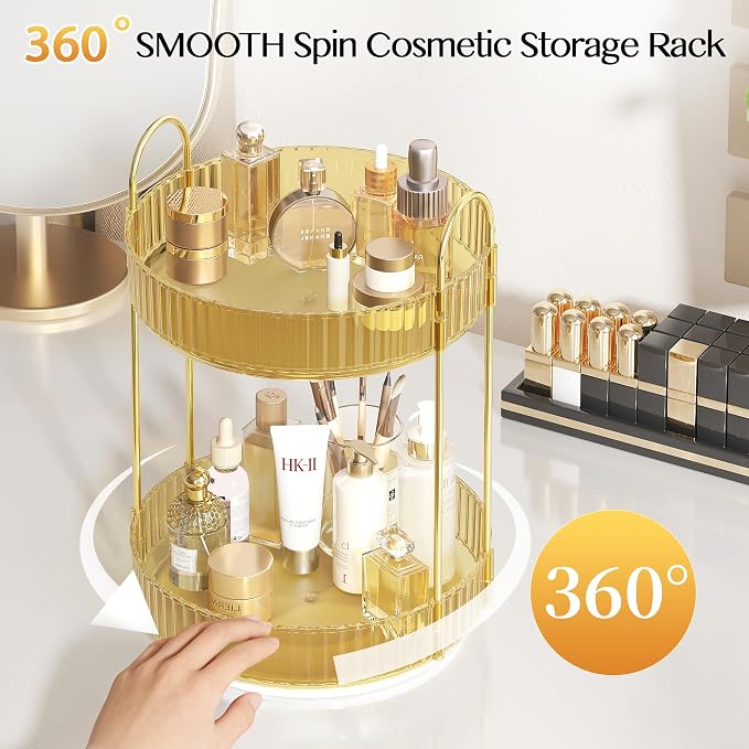 Rotating Makeup Organizer Countertop, 2 Tier, Gold | Skincare Organizers, Spinning Perfume Tray Stand, Makeup Storage Organizer for Vanity, Bathroom Organizer, Lazy Susan