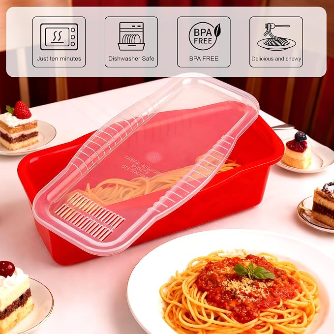 Microwave Pasta Cooker with Strainer Lid & Built-in Measuring Card | Quickly Cook 1-4 Servings-No Mess, Sticking or Waiting for Boil, Pasta Cooker in Microwave for Dorm, RV,Kitchen & Quick Meals