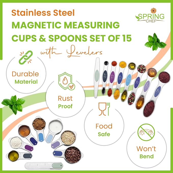 Spring Chef Magnetic Measuring Cups & Spoons Set of 15, Winter Frost | Patented Nesting Stainless Steel Measuring Cups & Heavy Duty Metal Measuring Spoons w/ Levelers for Dry & Liquid Ingredients
