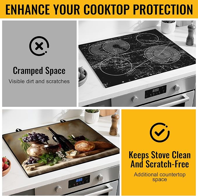 NYZE Stove Top Cover for Electric/Glass Stove, Flat Top Cooktop Protector, Electric Cooktop Cover, Extra Counter Space for Kitchen (Red Wine & Grapes)