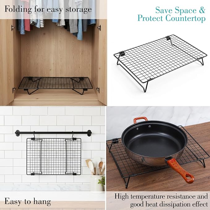 Kifmurase 4PCS Stackable Cooling Rack for Baking, 13.3 x 9.3 Inch Carbon Steel Wire Rack with Folding Legs for Cookie Cake Pizza Jerky, Multi-Use Bread Oven Racks for Cooking Roasting Drying Grilling