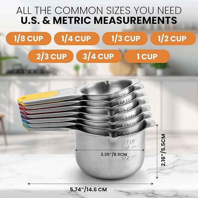 Spring Chef Magnetic Stainless Steel Measuring Cups Set of 7, Multicolor | Patented Metal Measuring Cups for Measuring Dry or Liquid Ingredients, Easy to Read Markings, Dishwasher Safe Magnetic Cups