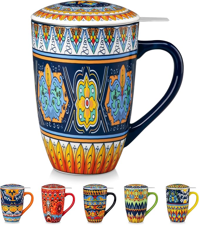 vancasso 18 Oz Tea Infuser Mug with Lid, Forest Daisy Drift | Eye-Catching Bohemian Pattern, Adds Charm to Any Tea Corner, Ceramic Mug with Infuser, Microwave and Dishwasher Safe