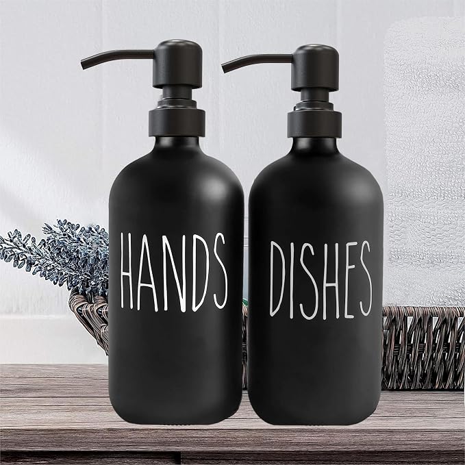 Black Glass Soap Dispenser, Matte Black Pump, 16 oz | Black Glass, Matte Black Stainless Steel Pump, Bathroom and Kitchen Sink use, 6 Waterproof Labels (Pack of 2)