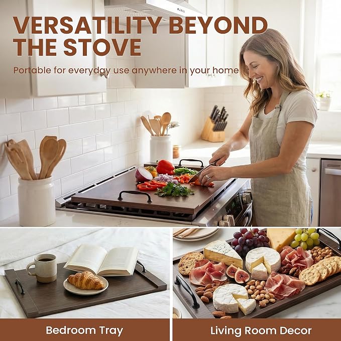 Noodle Board Stove Cover with Handles, 29.5 x 22 Inch, Walnut | Engineered Wood Cover for Electric, Gas and Glass Stove Tops, Raised Edge Serving Tray for Extra Counter Space
