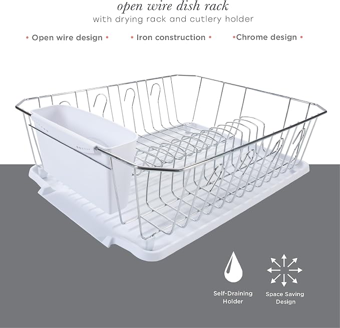 Kitchen Details 3 Piece Dish Rack | Drying Rack, Cutlery Basket & Drainboard Tray | Countertop | Self Draining | Open Wire Design | Chrome | White
