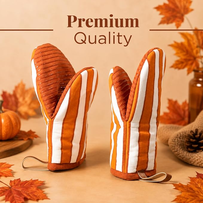 Folkulture Fall Oven Mitts, Striped Rust & White, Set of 2 - (5.75"x9") | 100% Cotton, Non Slip, Silicone, Cute Striped Mini Mits with Hanging Loop, Fall Kitchen Décor, Cooking Gifts, Baking