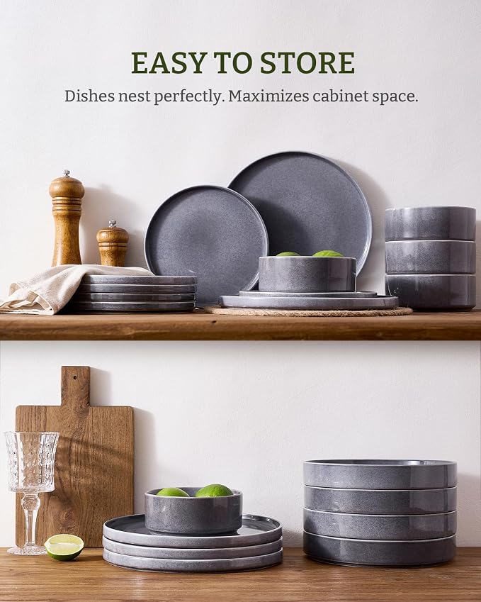 Famiware Annecy 12-Piece Stoneware Dinnerware Set, Misty Blue | Stoneware Plates and Bowls for 4, Handmade Reactive Glaze, Microwave & Dishwasher Safe, Chip & Scratch Resistant