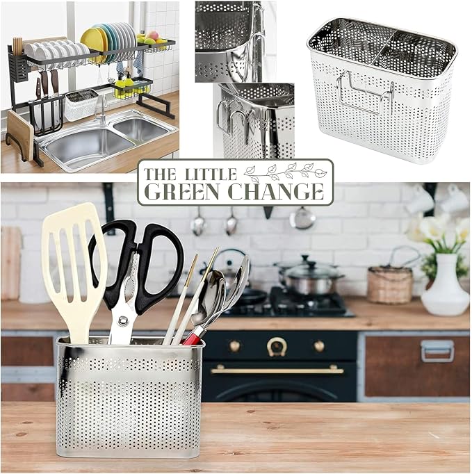 Kitchen Utensils Chopsticks Holder Drying Rack Basket with Hooks 2 Divided Compartments Quality Stainless Steel Large L5.4 X H4.3 X W2.6