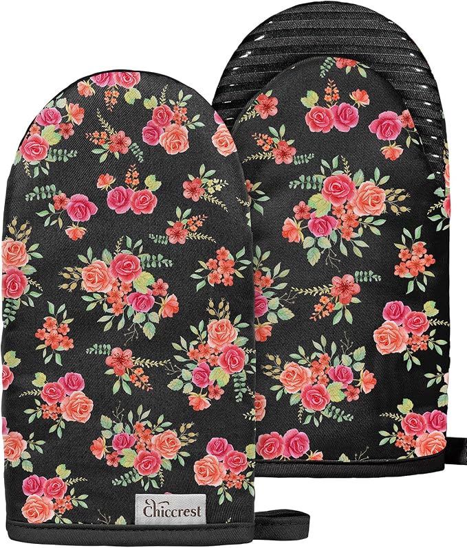 100% Thick Cotton Mini Oven Mitts Silicone Grip Pink Rose | Girly Cute Oven Mitts for Women, Machine Washable, Non-Slip, Reversible Design Fits Both Hands, Stylish Kitchen Decor