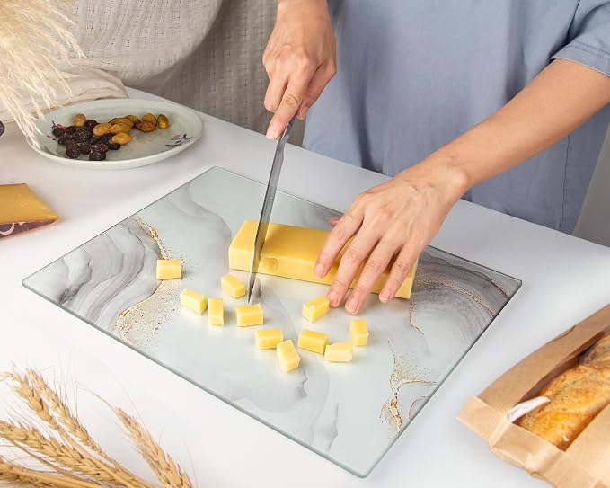 Glass Cutting Board 16"x12": Tempered Glass Kitchen Counter Protector - Durable- Scratch-Resistant, Heat-Proof - Design 7 - White & Gold