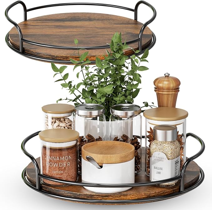 LAMU 2 Pack 10'' 12'' Lazy Susan Turntable Organizer for Table Top Cabinet, Wooden Lazy Susan for Kitchen, Pantry, Countertop, Bathroom Vanity, Spice Organization, Wood Decor