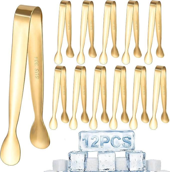 12 Pcs Gold Serving Tongs, Stainless Steel Ice Tongs Mini Sugar Tongs for Kitchen Appetizers, Party. Ting Tongs for Serving Food, Ice, Sugar Cube, Salad, Desserts