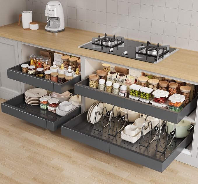 Seinloes 4 Pack Pull out Cabinet Organizer 21" Deep With Raising Pad for Framed Cabinets,Expandable (15.2"-26.3"W) Slide out Drawers for Kitchen Cabinets with 4pcs Divider Racks,Roll out Shelves,Black