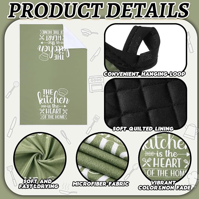 Sratte 6 Pcs Kitchen Decor Accessories Set, Kitchen, Green | Farmhouse Kitchen Towels Pot Holders Oven Mitts Set 2 Dish Towels 2 Potholders 2 Cooking Mittens for Baking Cooking Supply