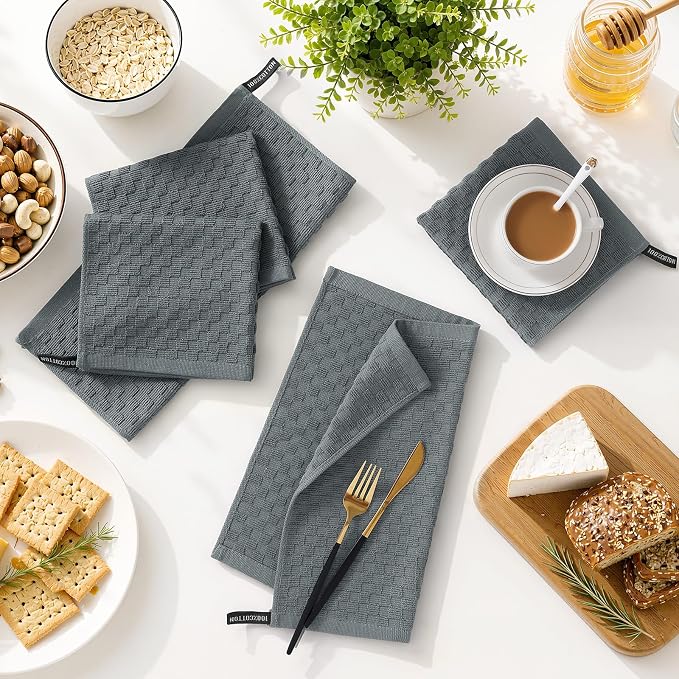 Homaxy 100% Cotton Terry Dish Cloths, 12"x12", 8-Pack, Dark Grey | Ultra Soft Absorbent Dish Towels with Hanging Loop, Pineapple Grid Designed