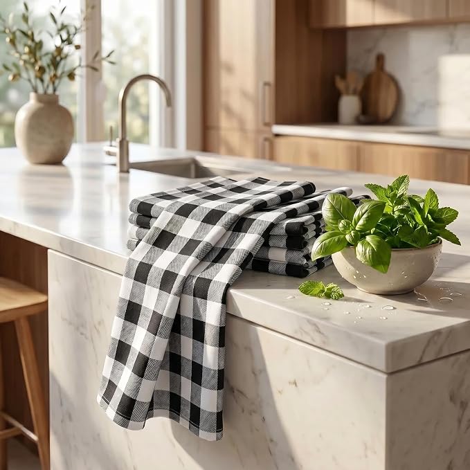 Urban Villa Kitchen Towels Cotton Dish Towels 20”x30” (Set of 6) Black Wht