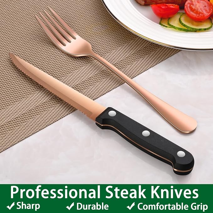 Rose Gold 24 PCS Flatware Sets With Steak Knives Service For 4 Person,Copper Eating Untensils Set For Kitchen,Silverware Set Includes Knife Spoon And Fork Set