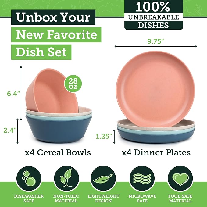Grow Forward Premium Wheat Straw Plates and Bowls Sets - 8-Piece Wheat Straw Dinnerware Sets - Unbreakable & Reusable Microwave Safe Plastic Dinner Plates for Outdoors, RV, Camping Dishes - Tropical