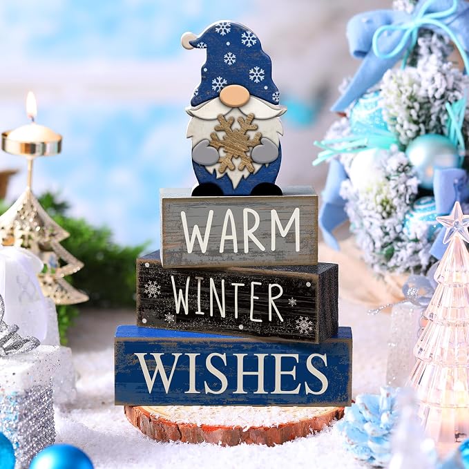 Lineshading 4 Pcs Winter Gnome Wooden Sign Blue Tiered Tray Decor Farmhouse | Stackable Warm Winter Wishes Blocks, Rustic Wood Finish, Season-long Centerpiece for Kitchen Shelf and Mantel Display