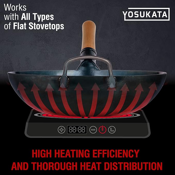 YOSUKATA 13.5” Blue Carbon Steel Wok Pan – Pre-Seasoned Flat Bottom Wok Compatible with open fire, gas, electric, ceramic, induction cooktops -Traditional Chinese Pan for Stir Fry, BBQ, Grill, Camping