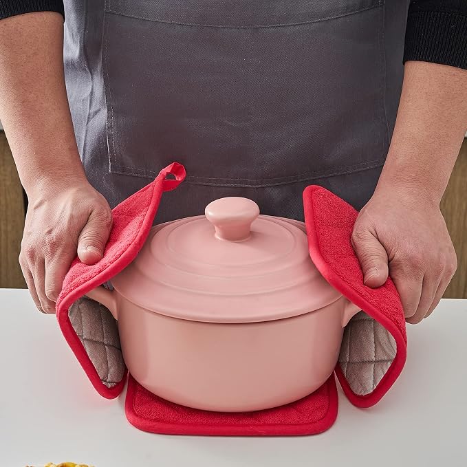 Kitchen Pot Holders Set Heat Resistant Pure Cotton Potholders Kit Trivets Large Coasters Hot Pads Terry Pot Holders for Everyday Cooking and Baking by 7 x 7 Inch Set of 4 Red
