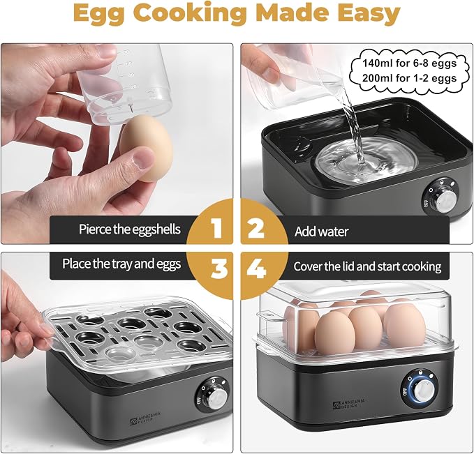 Annie & Mia Design Stainless Steel Electric Rapid Egg Cooker, 8 Egg Capacity 500W, Soft/Medium/Hard Boiled Egg Boiler Poacher Steamer Omelet Maker, Knob Auto Shut-Off, with Recipe Guide Book (Black)