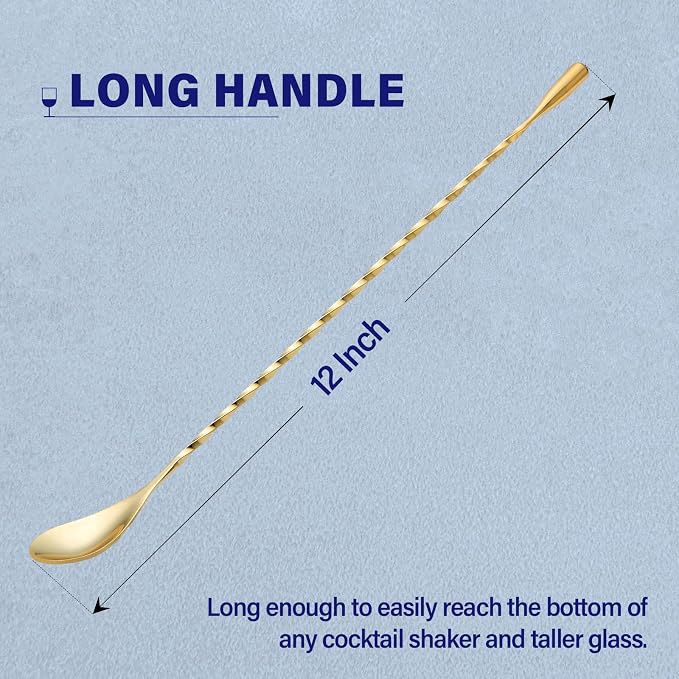 Bar Spoon Cocktail Mixing Stirrers, 2Pcs, 12” Long Handle, Gold | 18/8 Stainless Steel, Long Drink Spoons, for Stirring Coffee & Cocktails