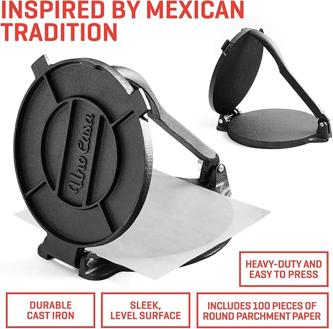 Uno Casa Cast Iron Tortilla Press 8 Inch - Bundle of Skillet for Roti / Comal Pan, Tawa / Dosa Pan Pataconera, Comales para Tortillas