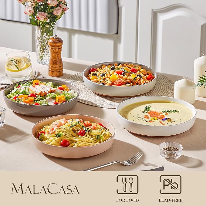 MALACASA 48 Oz Pasta Bowls Set of 4, Stoneware Dinner Bowls, Multicolor | Microwave and Dishwasher Safe, Chip-Resistant, For Pasta, Salad, Soup, Fruit, 9 Inch Wide, Stackable, Speckled Design