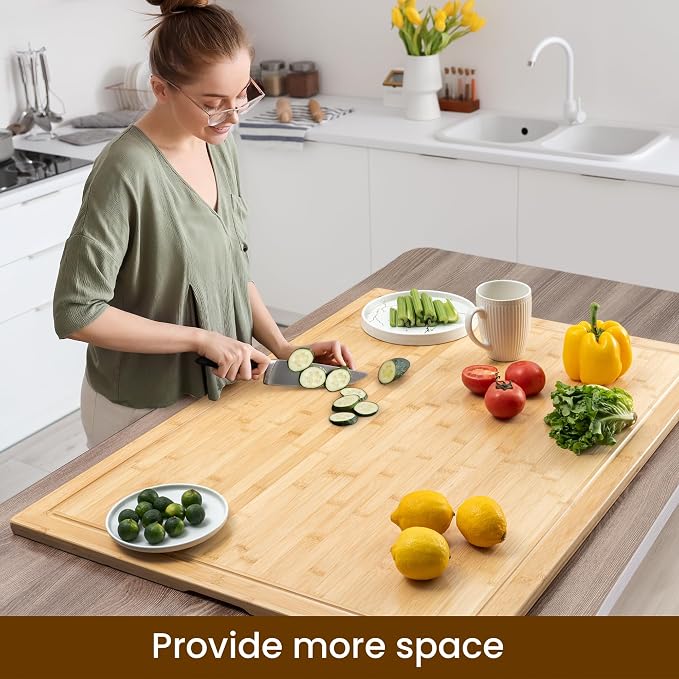 36"x24" Bamboo Cutting Board - 4XL Extra Large Butcher Block with Non-Slip Juice Groove & Handle, Multi-Functional Stove Cover/Charcuterie Board for Kitchen, BBQ, RV (1.25" Thick, Natural)
