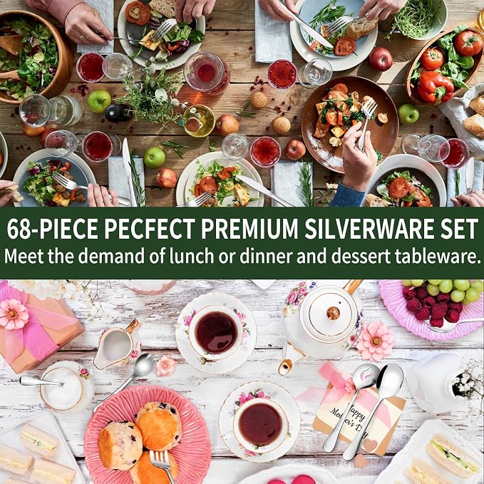68 Pieces Silverware Set with Serving Utensils Set, CEKEE Stainless Steel Flatware Set for 12, Heavy Duty Cutlery Set, Kitchen Utensil Sets for Home Restaurant, Mirror Finish, Dishwasher Safe