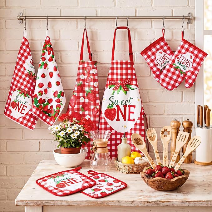 Bencailor 13 Pcs Strawberry Kitchen Decor Accessories Pink Kitchen Apron Dish Towels Oven Mitts and Pot Holders Cute Wooden Spoons for Farmhouse Home Strawberry Party Decoration Housewarming Gifts